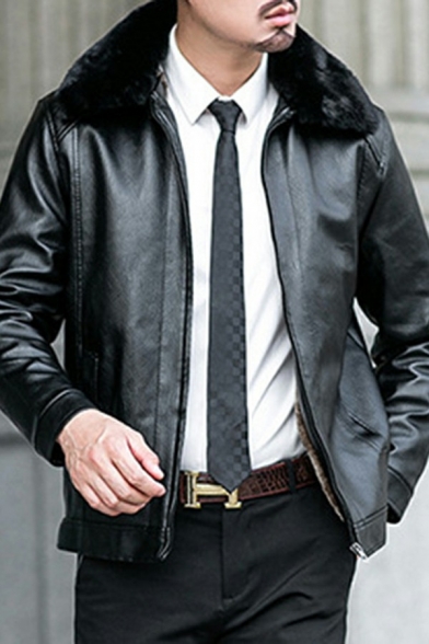 Formal Leather Jacket Pure Color Zipper Placket Collar Fitted Warm Leather Jacket for Men