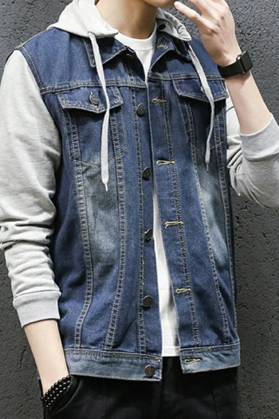 Guy's Novelty Jacket Fake Two Piece Drawcord Loose Long Sleeves Button Down Hooded Denim Jacket