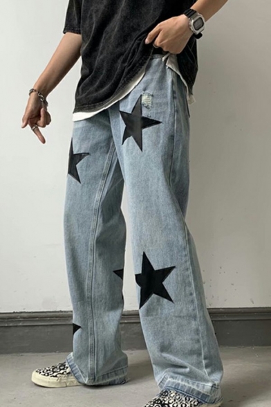 Guys Soft Jeans Star Printed Zipper Fly Mid Rise Pocket Detailed Flared Jeans