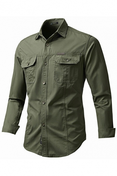 Guys Street Look Shirt Pure Color Pocket Detailed Long Sleeve Lapel Collar Slim Button Down Shirt