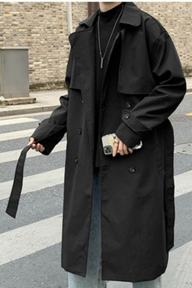 Leisure Guy's Coat Solid Color Notched Collar Loose Long Sleeve Button Down Trench Coat