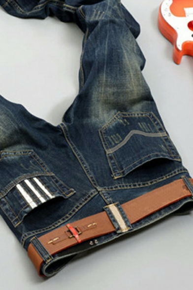 Men Fancy Denim Pants Solid Color Zip Fly Pocket Detailed Regular Fit Denim Pants