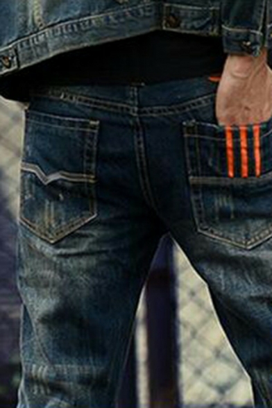 Men Fancy Denim Pants Solid Color Zip Fly Pocket Detailed Regular Fit Denim Pants