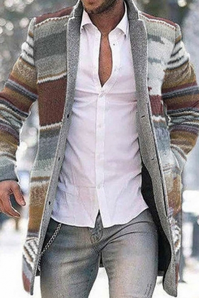 Men's Boyish Coat Stripe Pattern Button Closure Long Sleeve Pocket Relaxed Coat