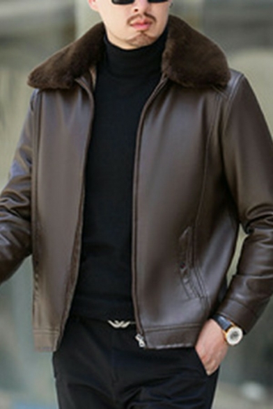 Mens Vintage Jacket Pure Color Lapel Collar Long Sleeves Slimming Zipper Leather Jacket