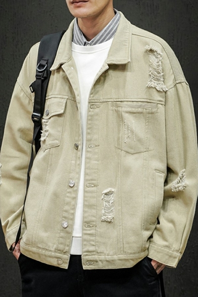 Pop Men's Jacket Plain Ripped Button-up Long Sleeves Pocket Decorated Oversized Denim Jacket