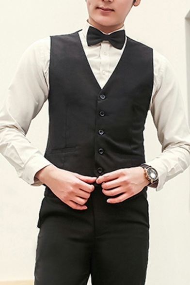 Popular Mens Suit Vest Solid Color Sleeveless V-Neck Pockets Detail Button Closure Slim Fit Suit Vest