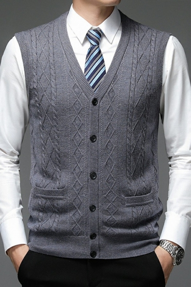Street Look  Mens Sweater Vest Pure Color V-Neck Sleeveless Button Closure Slim Fitted Knitted Vest