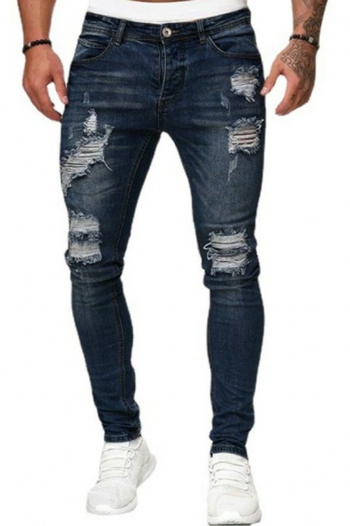 Street Style Jeans Destroyed Design Zip Fly Pockets Detailed Slim Cut Jeans for Guys