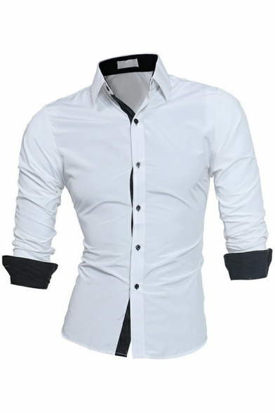 Stylish Mens Shirts Color Block Long Sleeves Lapel Collar Button Closure Slim Fitted Shirts