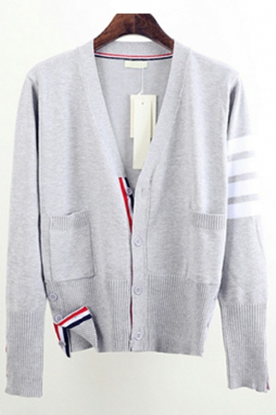 Trendy Cardigan Contrast Line Button Up V-Neck Long Sleeves Relaxed Cardigan for Men