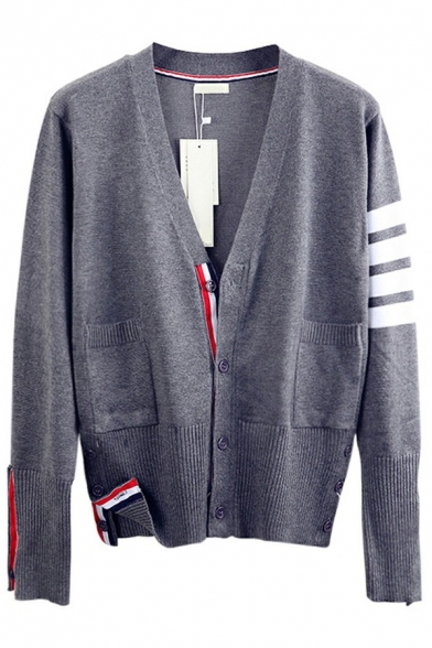 Trendy Cardigan Contrast Line Button Up V-Neck Long Sleeves Relaxed Cardigan for Men
