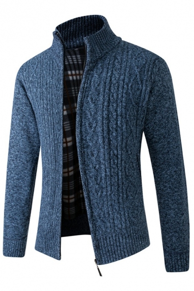 Urban Cardigan Pure Color Plaid Lined Stand Collar Zipper Cable Knit Long-sleeved Cardigan for Guys