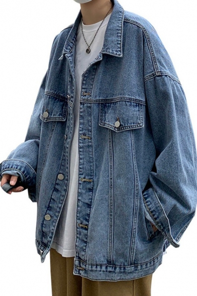 Urban Mens Denim Jacket Pure Color Long-Sleeved Lapel Collar Button Up Relaxed Fitted Denim Jacket