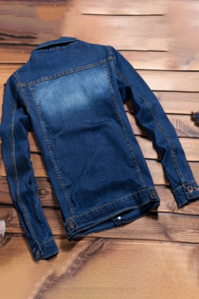 Basic Denim Jacket Contrast Line Print Flap Pocket Spread Collar Button Closure Long Sleeve Slim Fit Denim Jacket for Men