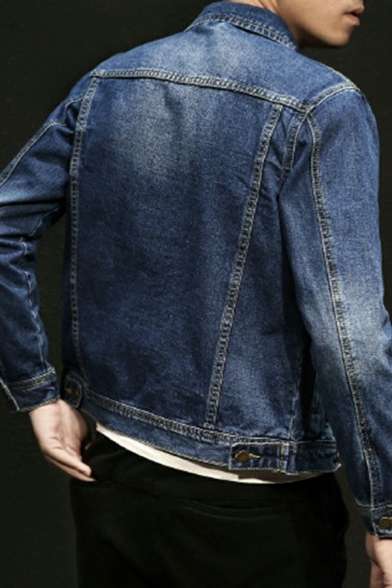 Boy's Basic Jacket Solid Lapel Collar Chest Pocket Long-sleeved Regular Fitted Button-up Denim Jacket