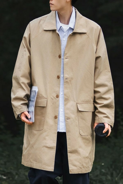Boy's Hot Coat Solid Flap Pocket Lapel Collar Long-Sleeved Loose Fit Button Fly Trench Coat