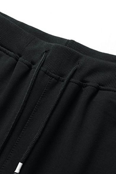Casual Mens Drawstring Pants Pure Color Mid Rise Zipper Pockets Straight-Leg Full Length Elastic Waist Pants