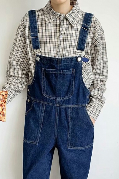 Chic Men's Overalls Solid Color Contrast stitching Straight-Leg Regular Fit Overalls