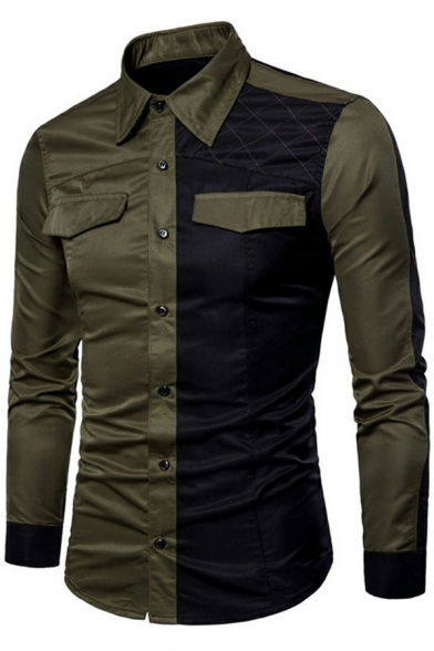 Chic Mens Shirt Contrast Color Button Closure Lapel Collar Long-Sleeved Pocket Detail Slim Fit Shirt
