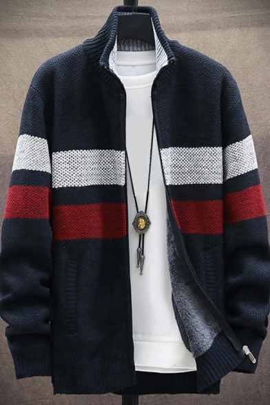 Edgy Cardigan Color Block Stand Collar Long Sleeve Zip Fly Relaxed Fit Cardigan for Guys