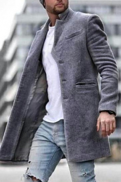 Guys Modern Coat Solid Color Flap Pocket Single Breasted Collar Long Sleeve Regular Coat