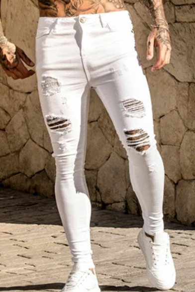 Guys Popular Jeans Solid Ripped Zipper Side Pocket Skinny Jeans