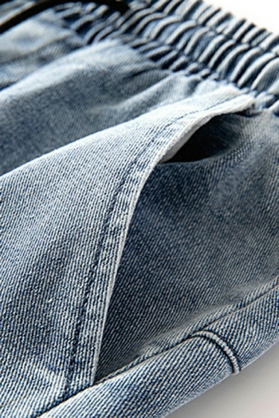Men Casual Denim Pants Plain Zip-Fly Front Pocket Loose Fit Denim Pants