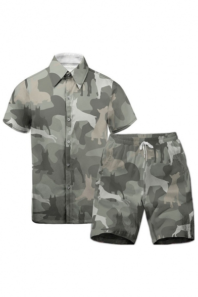 Men Leisure Set All over Pattern Turn-down Collar Button Fly Shirt Drawcord Shorts Two Piece Set