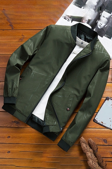 Men's Modern Jacket Stripe Pattern Zip Closure Stand Collar Long-Sleeved Ribbed Slim Bomber Jacket