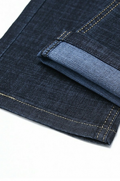 Men Urban Denim Pants Solid Color Zip Closure Front Pocket Regular Fitted Denim Pants