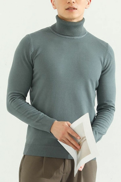 Mens Basic Sweater Pure Color Turtle Neck Long-Sleeved Slimming Pullover Sweater