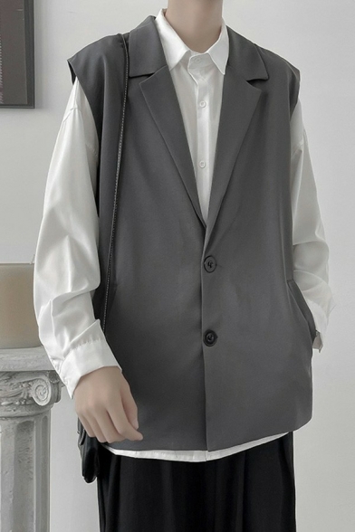 Mens Chic Vest Solid Color Notched Collar Single Breasted Relaxed Fitted Vest