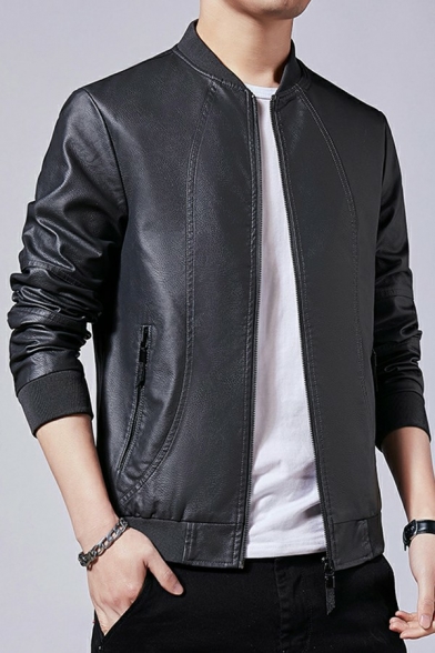 Mens Edgy Jacket Pure Color Pocket Stand Collar Relaxed Fit Long Sleeve Zip Placket Jacket