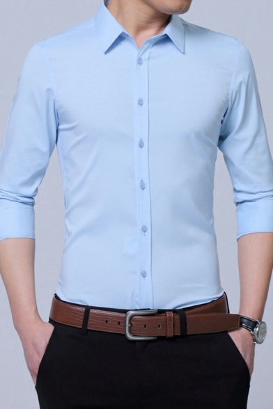 Novelty Shirt Plain Long Sleeve Turn-down Collar Slim Fitted Button Front Shirt for Men