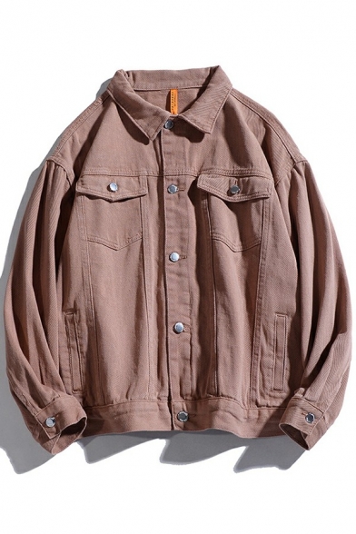 Simple Guys Jacket Plain Turn Down Collar Flap Pockets Loose Fit Button Up Cotton Denim Jacket