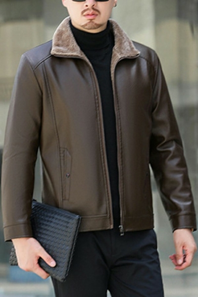 Simple Guys Jacket Pure Color Pocket Designed Lapel Collar Long-Sleeved Slimming Zip Fly PU Jacket