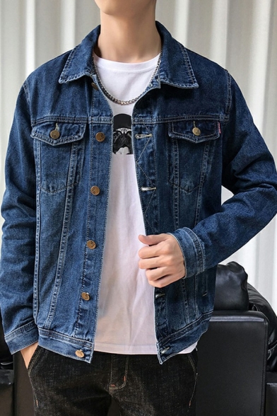 Simple Mens Denim Jacket Pure Color Button down Long Sleeve Turn down Collar Fitted Jacket