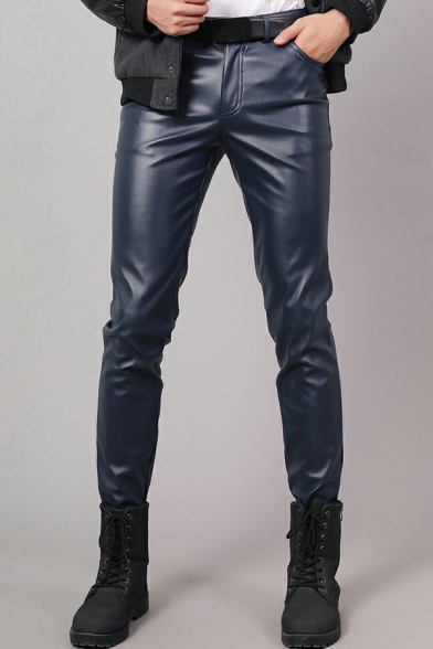 Street Look Guy's Pants Plain Mid Rise Long Length Slimming Zip Closure Leather Pants