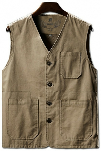 Street Look Mens Vest Pure Color Button Closure V-Neck Sleeveless Regular Fitted Vest with Pockets