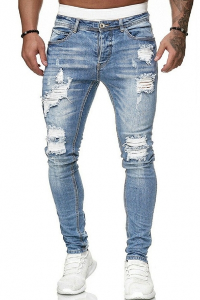 Stylish Mens Jeans Medium Wash Distressed Ripped Zip Up Long Length Slim Fit Jeans