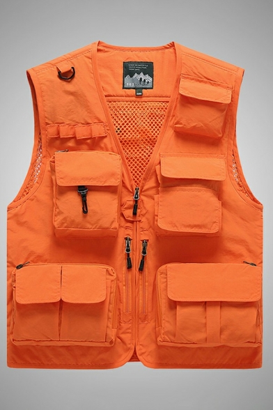 Stylish Vest Pure Color V-Neck Zip Closure Flap Pocket Design Oversize Vest for Men