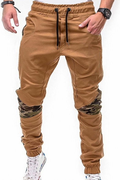 Trendy Mens Drawstring Pants Color Block Camo Panel Elastic Waist Pocket Detail Slim Fit Pants