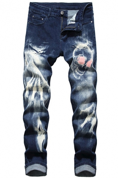Trendy Mens Jeans Graphic Print Mid Waist Zipper Down Full Length Slim Fit Jeans