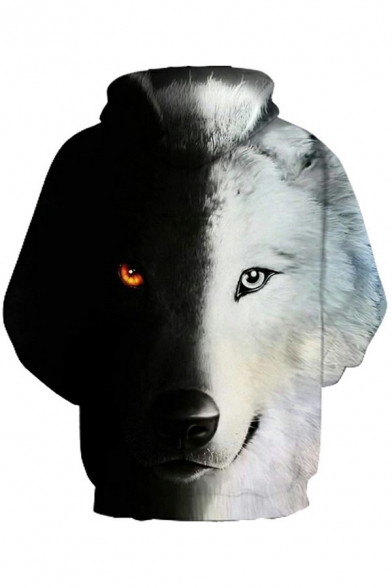Unique Mens Hoodie 3D Wolf Print Kanga Pocket Long Sleeves Loose Fit Drawstring Hoodie