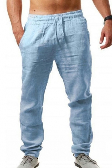 Unique Pants Pure Color Pocket Detailed Elastic Waist Long Length Relaxed Fit Pants for Guys