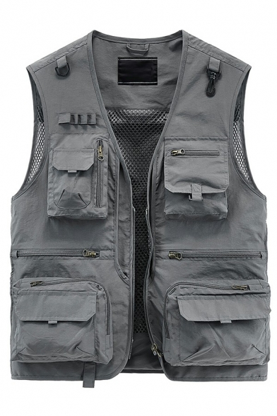 Urban Guys Vest Pure Color Zip Closure Relaxed Fitted Cargo Vest with Pockets