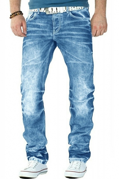 Basic Jeans Plain Color Full Length Zip Closure Pocket Detail Regular Fitted Jeans for Men