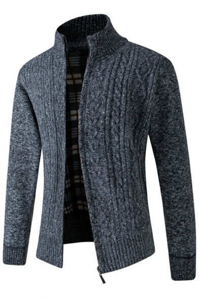 Basic Men Cardigan Jacquard Print Stand Collar Long Sleeve Regular Fit Zipper Cardigan