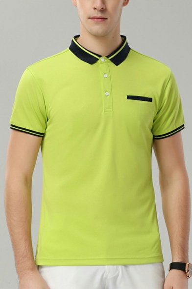 Chic Guys Polo Shirt Contrast Line Pocket Embellish Button Closure Short Sleeve Polo Shirt